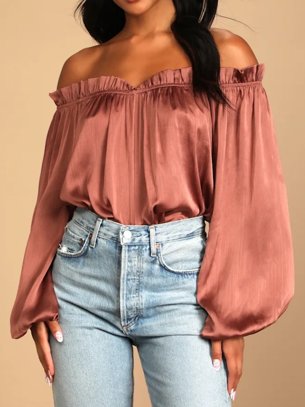 Lulus Taupe Off Shoulder Ruffle Trim Bodysuit